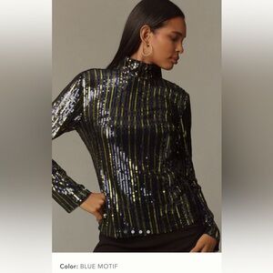 NWT new medium Anthropologie Maeve striped sequin blouse top blue gold mock neck